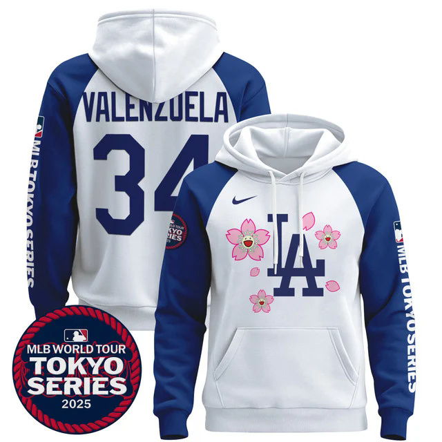 Men's Dodgers Tokyo Series 2025 Pullover Hoodie WHITE&BLUE #34 FERNANDO VALENZUELA.webp