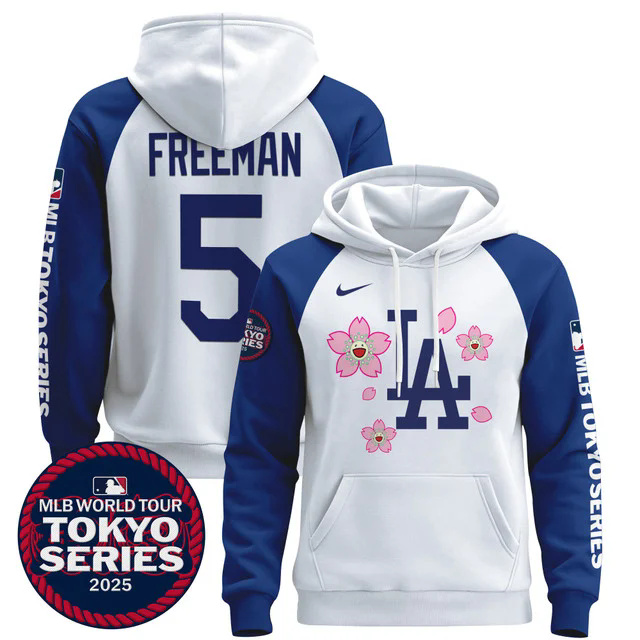 Men's Dodgers Tokyo Series 2025 Pullover Hoodie WHITE&BLUE #5 FREDDIE FREEMAN.webp