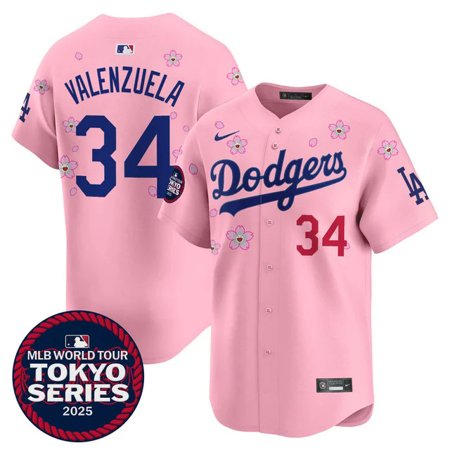 Men's Dodgers Tokyo Series 2025 Vapor Premier Limited Jersey V2 PINK #34 VALENZUELA.webp