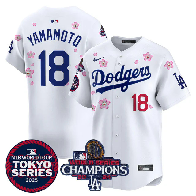 Men's Dodgers Tokyo Series 2025 World Series Champions Patch Vapor Premier Limited Jersey #18 YAMAMOTO.webp