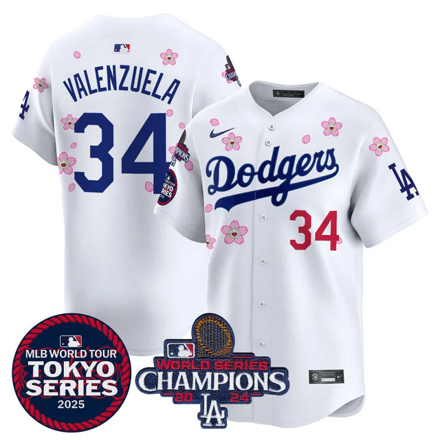 Men's Dodgers Tokyo Series 2025 World Series Champions Patch Vapor Premier Limited Jersey #34 VALENZUELA.webp