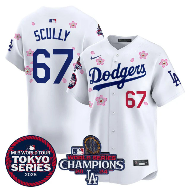 Men's Dodgers Tokyo Series 2025 World Series Champions Patch Vapor Premier Limited Jersey #67 SCULLY.webp