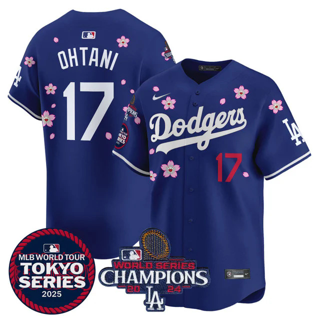 Men's Dodgers Tokyo Series 2025 World Series Champions Patch Vapor Premier Limited Jersey BLUE #17 OHTANI.webp