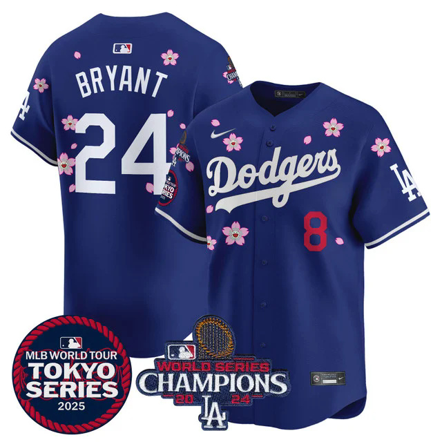 Men's Dodgers Tokyo Series 2025 World Series Champions Patch Vapor Premier Limited Jersey BLUE #24 BRYANT.webp