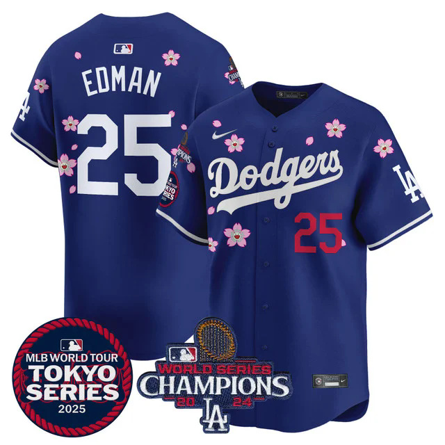 Men's Dodgers Tokyo Series 2025 World Series Champions Patch Vapor Premier Limited Jersey BLUE #25 EDMAN.webp