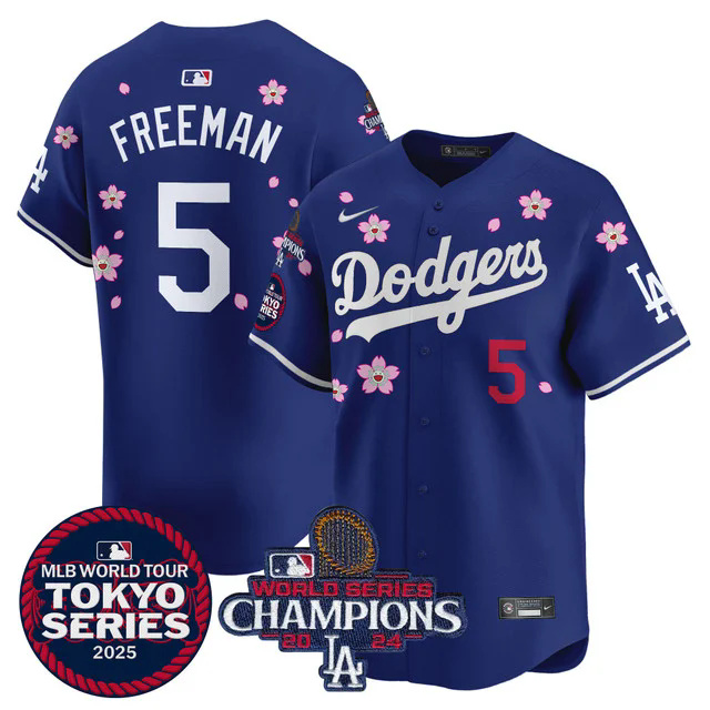 Men's Dodgers Tokyo Series 2025 World Series Champions Patch Vapor Premier Limited Jersey BLUE #5 FREEMAN.webp