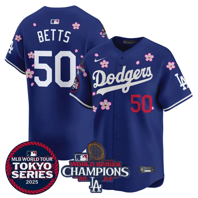 Men's Dodgers Tokyo Series 2025 World Series Champions Patch Vapor Premier Limited Jersey BLUE #50 BETTS.webp