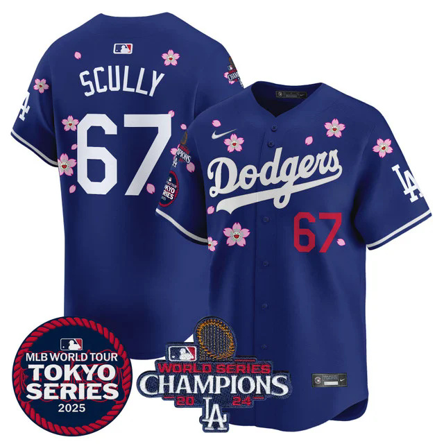 Men's Dodgers Tokyo Series 2025 World Series Champions Patch Vapor Premier Limited Jersey BLUE #67 SCULLY.webp