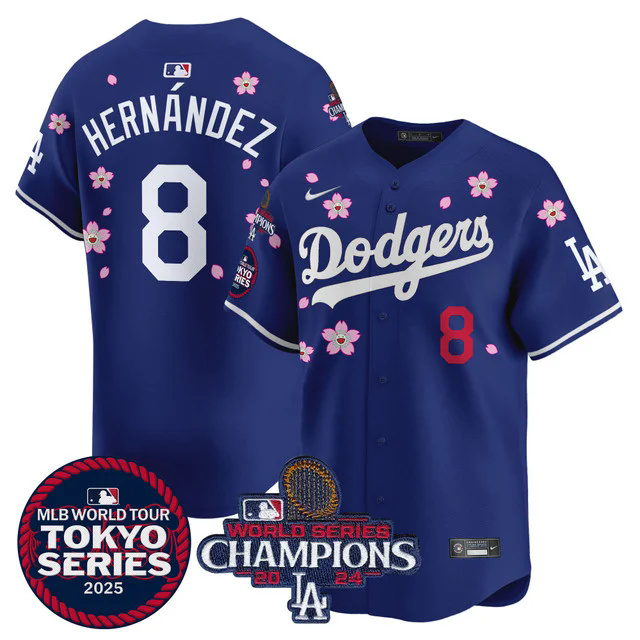 Men's Dodgers Tokyo Series 2025 World Series Champions Patch Vapor Premier Limited Jersey BLUE #8 HERNANDEZ.webp