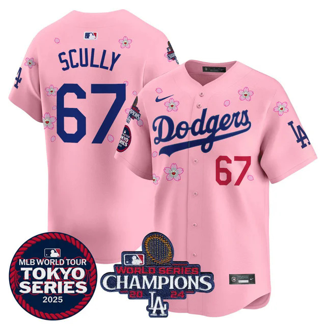 Men's Dodgers Tokyo Series 2025 World Series Champions Patch Vapor Premier Limited Jersey PINK # 67 SCULLY.webp