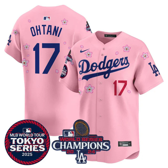 Men's Dodgers Tokyo Series 2025 World Series Champions Patch Vapor Premier Limited Jersey PINK #17 OHTANI.webp
