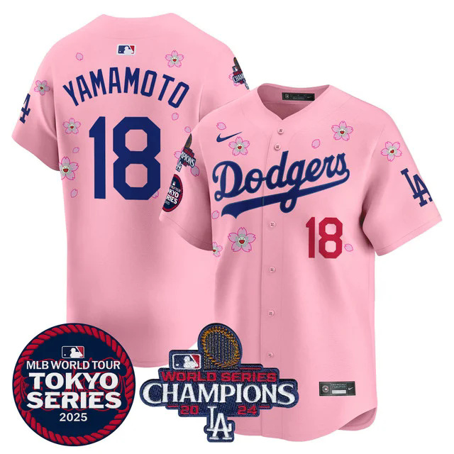 Men's Dodgers Tokyo Series 2025 World Series Champions Patch Vapor Premier Limited Jersey PINK #18 YAMAMOTO.webp