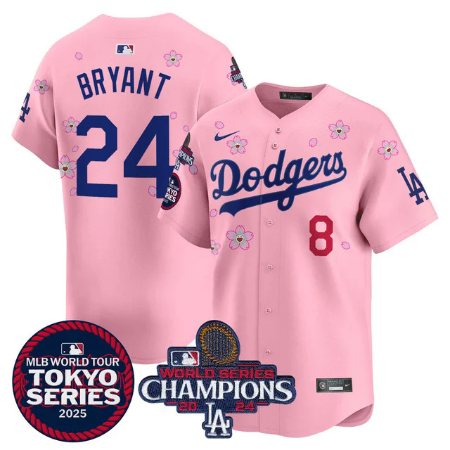 Men's Dodgers Tokyo Series 2025 World Series Champions Patch Vapor Premier Limited Jersey PINK #24 BRYANT.webp