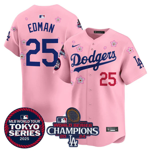 Men's Dodgers Tokyo Series 2025 World Series Champions Patch Vapor Premier Limited Jersey PINK #25 EDMAN.webp