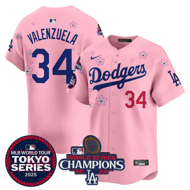Men's Dodgers Tokyo Series 2025 World Series Champions Patch Vapor Premier Limited Jersey PINK #34 VALENZUELA.webp