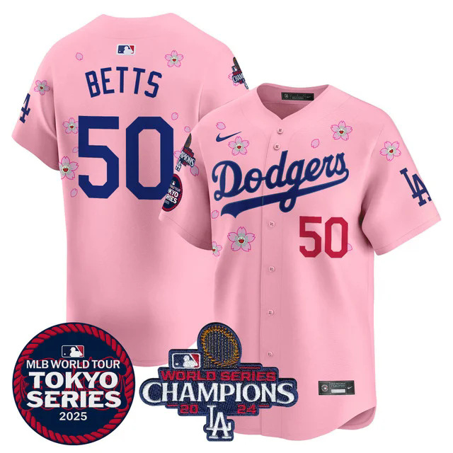 Men's Dodgers Tokyo Series 2025 World Series Champions Patch Vapor Premier Limited Jersey PINK #50 BETTS.webp