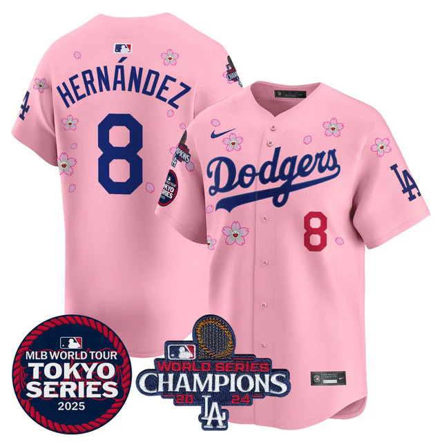 Men's Dodgers Tokyo Series 2025 World Series Champions Patch Vapor Premier Limited Jersey PINK #8 HERNANDEZ.webp