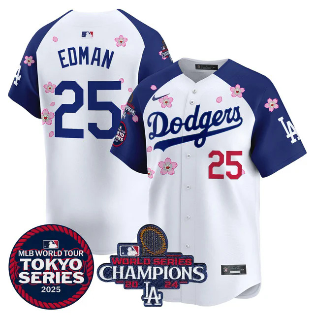 Men's Dodgers Tokyo Series 2025 World Series Champions Patch Vapor Premier Limited Jersey WHITE #25 EDMAN.webp