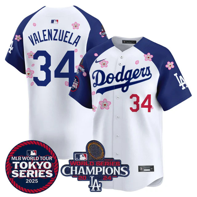 Men's Dodgers Tokyo Series 2025 World Series Champions Patch Vapor Premier Limited Jersey WHITE #34 VALENZUELA.webp
