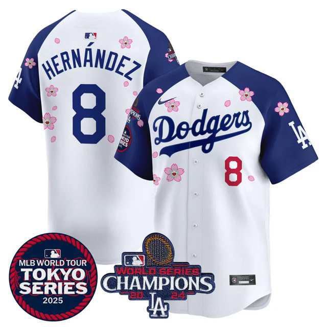 Men's Dodgers Tokyo Series 2025 World Series Champions Patch Vapor Premier Limited Jersey WHITE #8 HERNANDEZ.webp