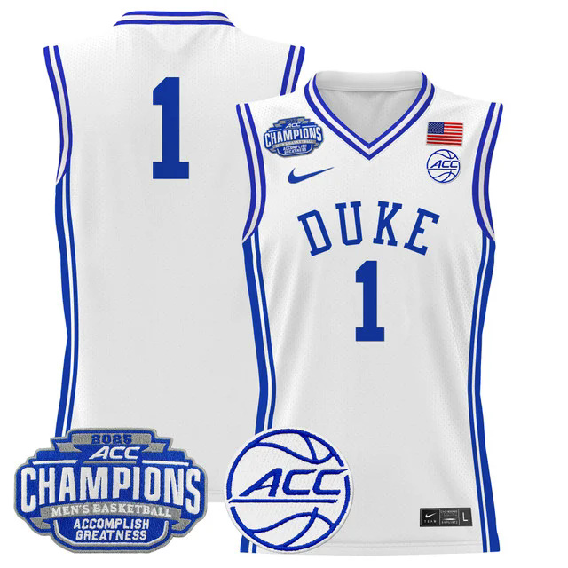 Men's Duke Blue Devils 2025 ACC Conference Tournament Champions Basketball Jersey #1.webp