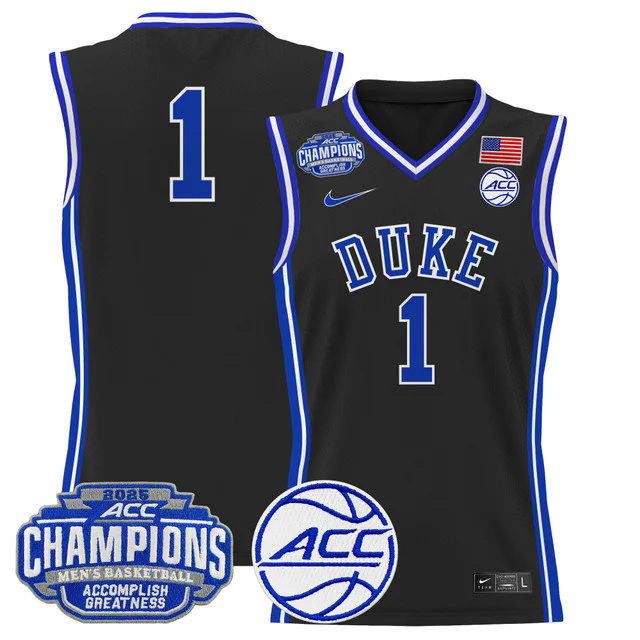 Men's Duke Blue Devils 2025 ACC Conference Tournament Champions Basketball Jersey BLACK #1.webp