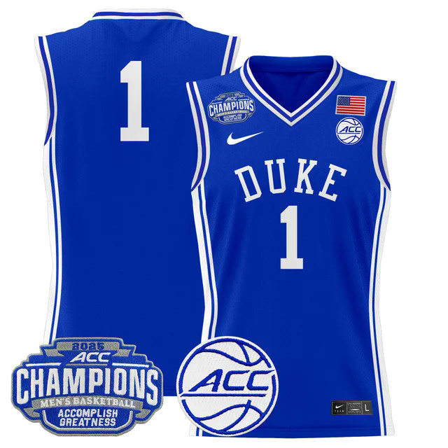 Men's Duke Blue Devils 2025 ACC Conference Tournament Champions Basketball Jersey BLUE #1.webp