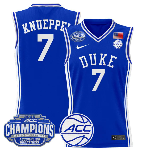 Men's Duke Blue Devils 2025 ACC Conference Tournament Champions Basketball Jersey BLUE #7 KNUEPPEL.webp