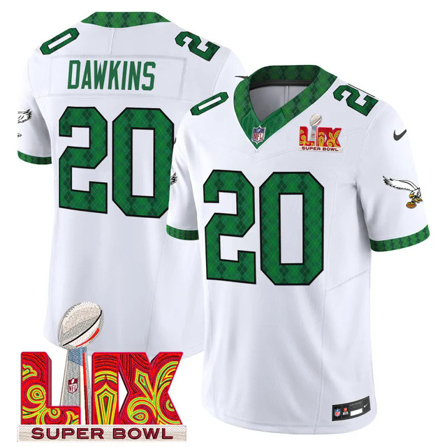 Men's Eagles Kelly Green St. Patrick's Day Super Bowl LIX Patch Vapor Limited Jersey #20 DAWKINS.webp