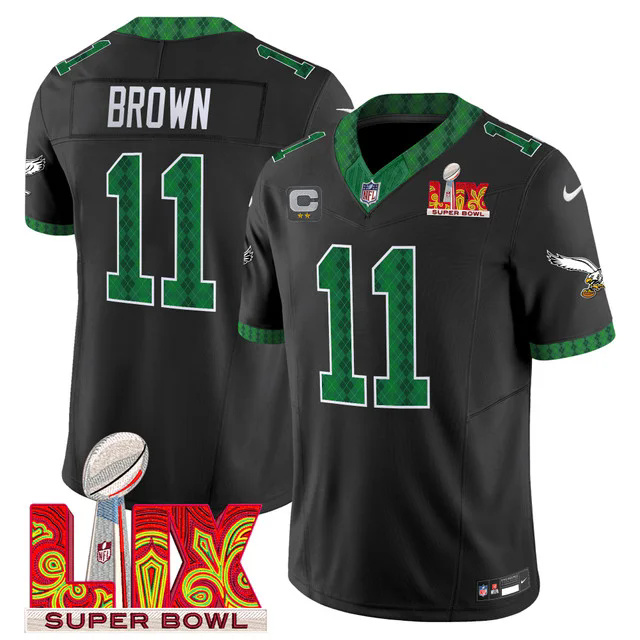 Men's Eagles Kelly Green St. Patrick's Day Super Bowl LIX Patch Vapor Limited Jersey BLACK #11 BROWN.webp
