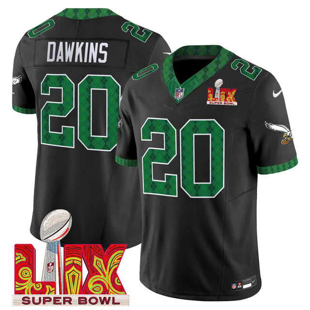 Men's Eagles Kelly Green St. Patrick's Day Super Bowl LIX Patch Vapor Limited Jersey BLACK #20 DAWKINS.webp