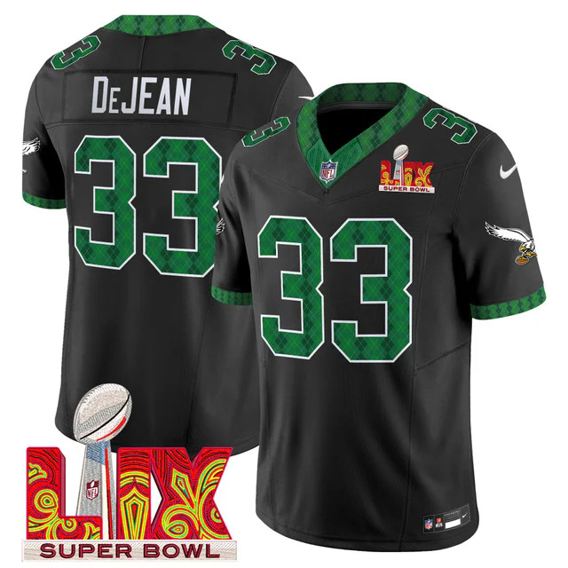 Men's Eagles Kelly Green St. Patrick's Day Super Bowl LIX Patch Vapor Limited Jersey BLACK #33 DEJEAN.webp