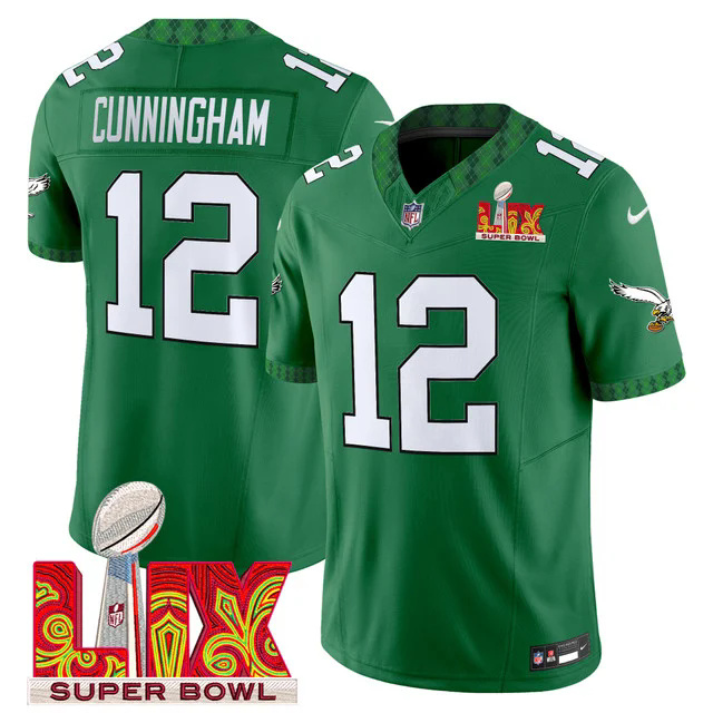 Men's Eagles Kelly Green St. Patrick's Day Super Bowl LIX Patch Vapor Limited Jersey GREEN #12 CUNNINGHAM.webp