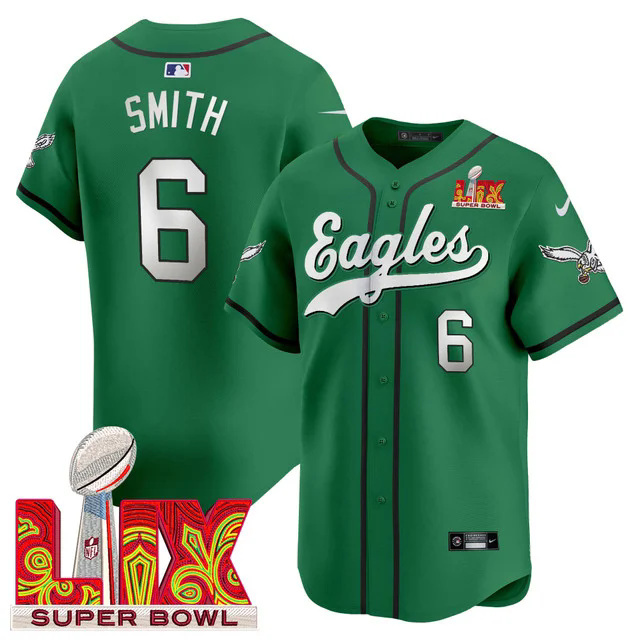Men's Eagles Super Bowl LIX Patch Kelly Green Vapor Baseball Jersey  #6 SMITH