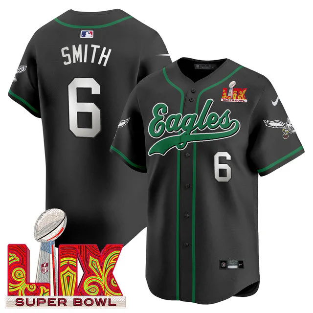Men's Eagles Super Bowl LIX Patch Kelly Green Vapor Baseball Jersey  BLACK #6 SMITH