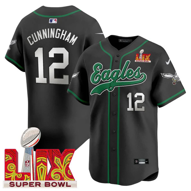 Men's Eagles Super Bowl LIX Patch Kelly Green Vapor Baseball Jersey BLACK #12 CUNNINGHAM