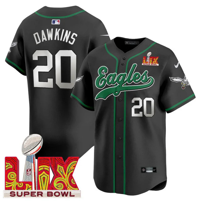Men's Eagles Super Bowl LIX Patch Kelly Green Vapor Baseball Jersey BLACK #20 DAWKINS