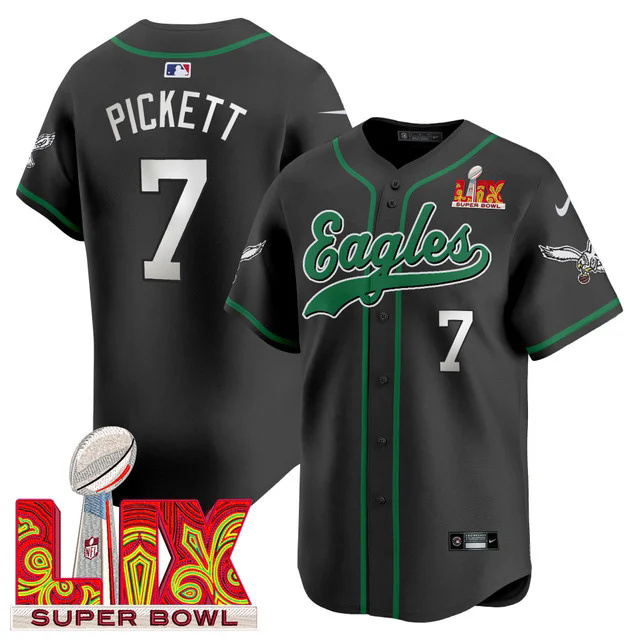 Men's Eagles Super Bowl LIX Patch Kelly Green Vapor Baseball Jersey BLACK #7 PICKETT