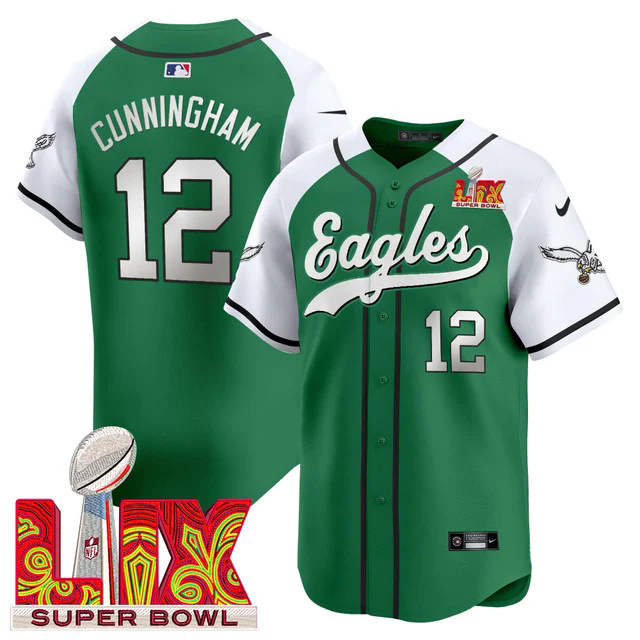 Men's Eagles Super Bowl LIX Patch Kelly Green Vapor Baseball Jersey GREEN&WHITE #12 CUNNINGHAM