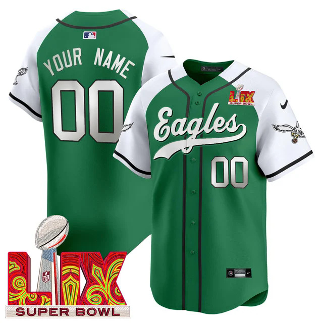 Men's Eagles Super Bowl LIX Patch Kelly Green Vapor Baseball Jersey GREEN&WHITE CUSTOM #00.webp