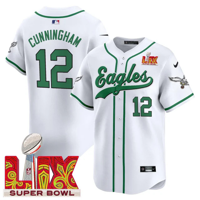 Men's Eagles Super Bowl LIX Patch Kelly Green Vapor Baseball Jersey WHITE #12 CUNNINGHAM