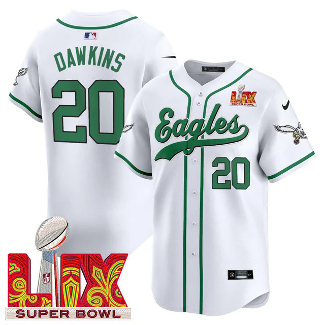 Men's Eagles Super Bowl LIX Patch Kelly Green Vapor Baseball Jersey WHITE #20 DAWKINS