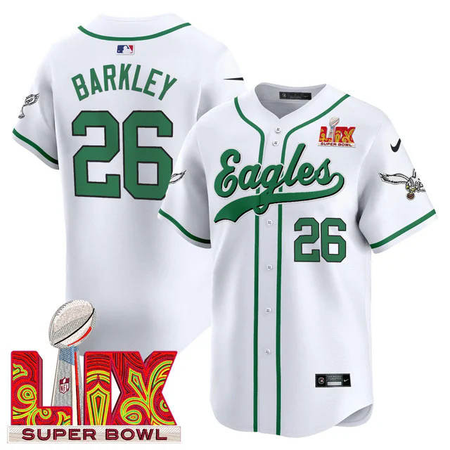 Men's Eagles Super Bowl LIX Patch Kelly Green Vapor Baseball Jersey WHITE #26 BARKLEY