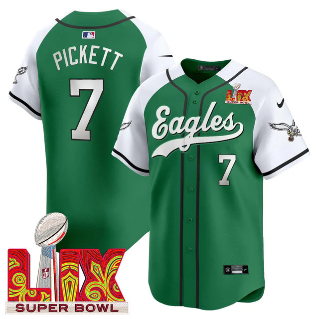 Men's Eagles Super Bowl LIX Patch Kelly Green Vapor Baseball Jersey WHITE&GREEN #7 PICKETT