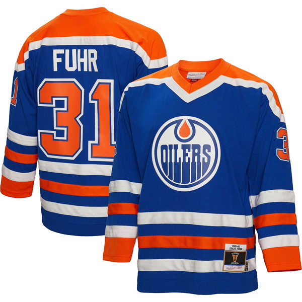 Men's Edmonton Oilers #31 Grant Fuhr CCM 1986-87 Blue Throwback Jersey Royal 