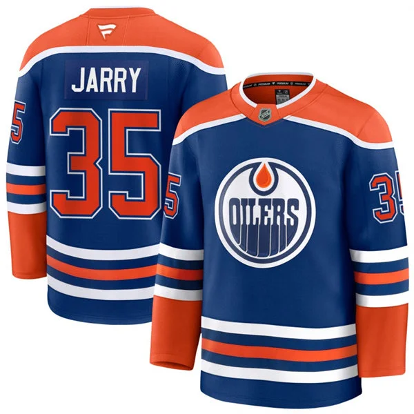 Men's Edmonton Oilers #35 Tristan Jarry Fanatics Home Royal Premium Jersey 