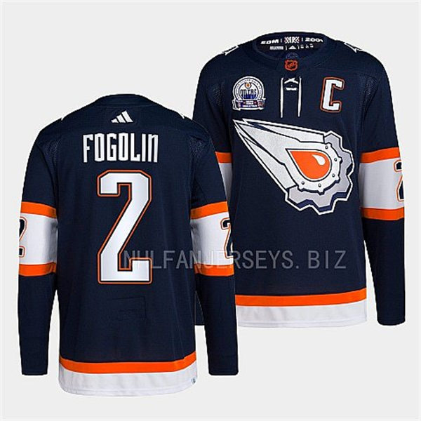 Men's Edmonton Oilers Retired Player #2 Lee Fogolin Navy 2022 Reverse Retro Primegreen Jersey 