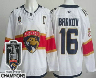 Men's Florida Panthers #16 Aleksander Barkov White 2025 Stanley Cup Champions Authentic Jersey