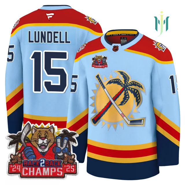 Men's Florida Panthers 2025 Stanley Cup B2B Champions Jersey BLUE#15 ANTON LUNDELL