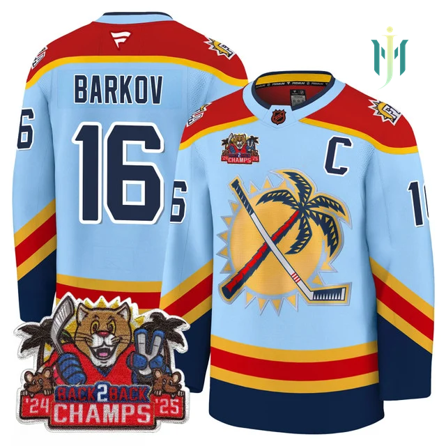 Men's Florida Panthers 2025 Stanley Cup B2B Champions Jersey BLUE#16 ALEKSANDER BARKOV